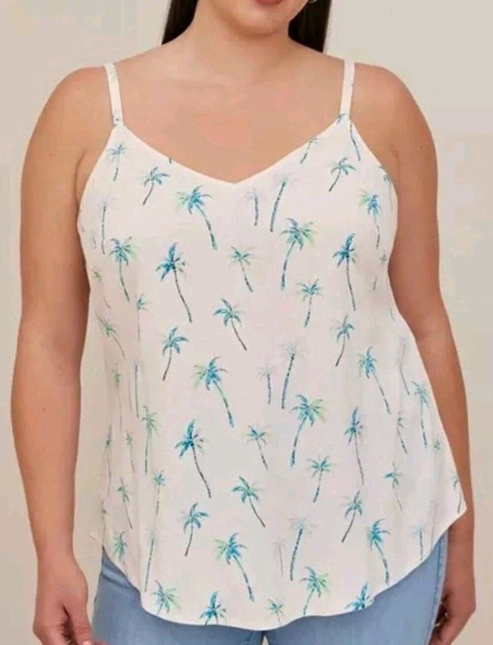 Torrid Ava Cami Tank Top Palm Tree Pale Pink Green Blue Rayon Slub